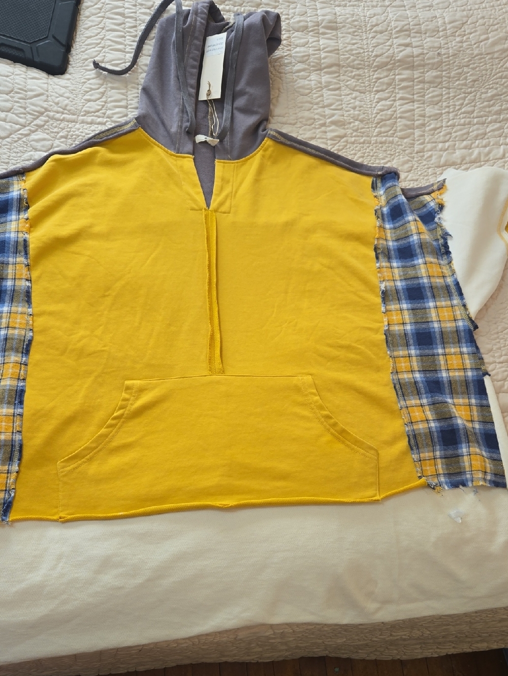 Yellow Hooded Pullover with Gray Hood and Plaid Sleeve Details